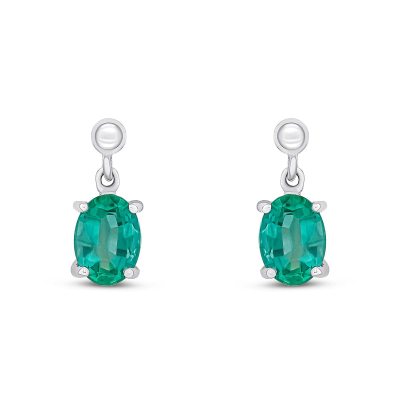 9ct White Gold Oval Natural Emerald Drop Earrings — 7x5mm