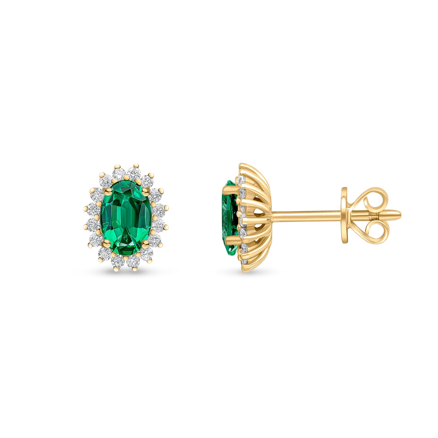 18ct Yellow Gold Oval Natural Emerald and Round Diamond Claw Set Cluster Stud Earrings — 6x4mm