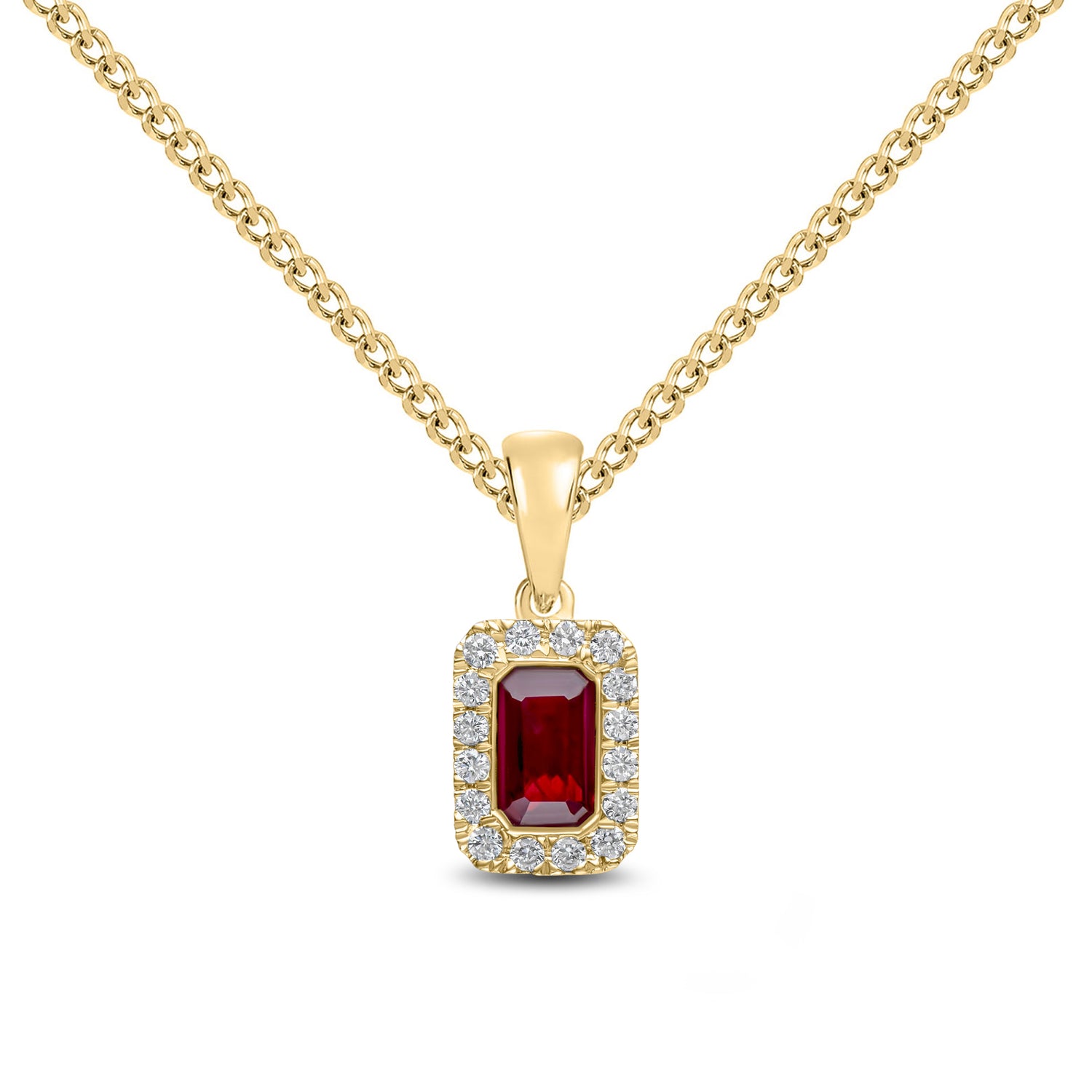 18ct Yellow Gold Octagonal Emerald Cut Natural Ruby and Round Diamond Microset Cluster Pendant — 5x3mm