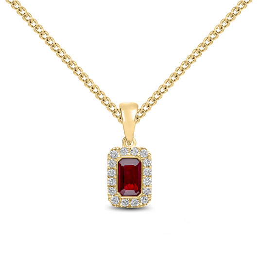 18ct Yellow Gold Octagonal Emerald Cut Natural Ruby and Round Diamond Microset Cluster Pendant — 5x3mm