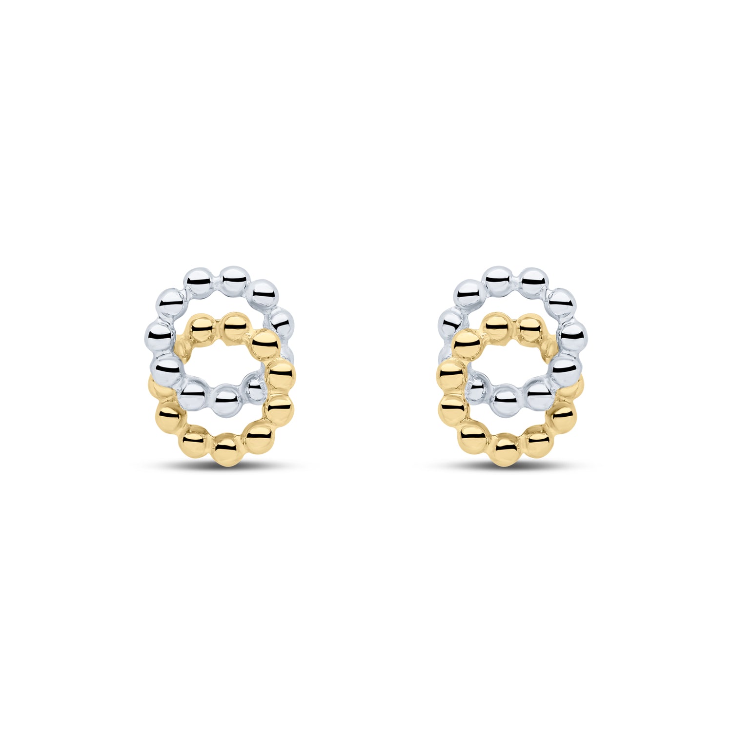 9ct Two Tone White and Yellow Gold Beaded Interlocked Circle Stud Earrings — 9x6.5mm