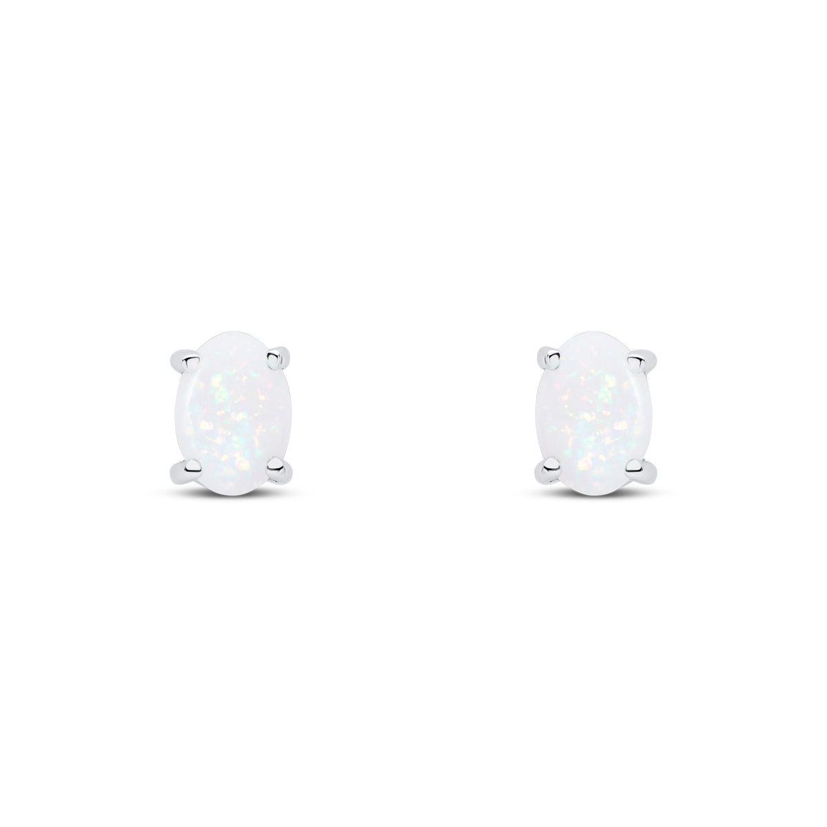9ct White Gold Oval Natural Opal Claw Stud Earrings — 7x5mm