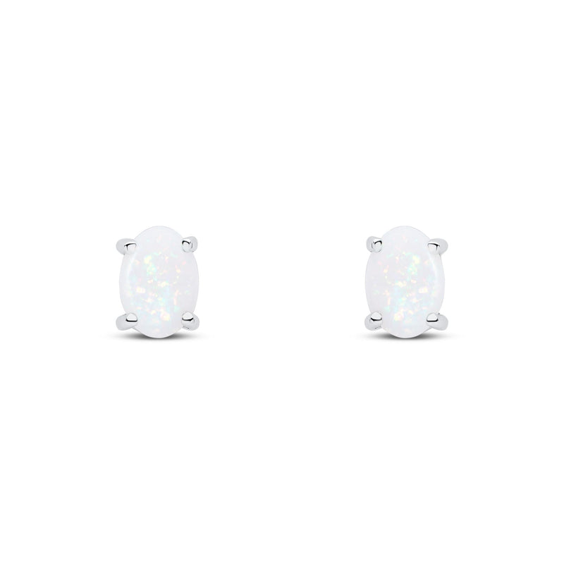 9ct White Gold Oval Natural Opal Claw Stud Earrings — 7x5mm