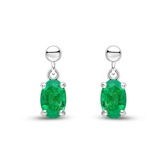 9ct White Gold Oval Natural Emerald Claw Drop Earrings With Bead Top — 6x4mm