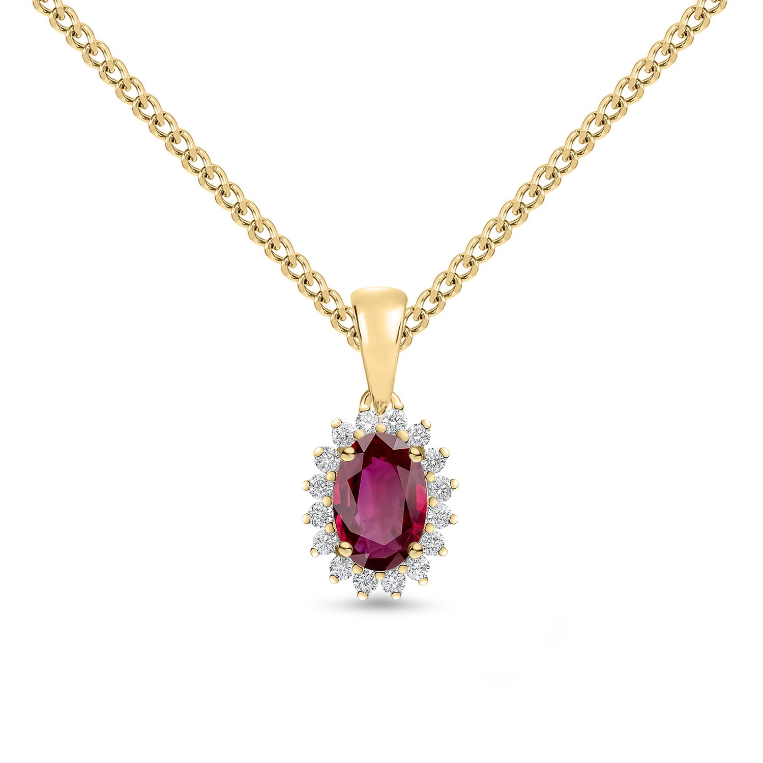 18ct Yellow Gold Oval Natural Ruby and Round Diamond Claw Set Cluster Pendant — 6x4mm