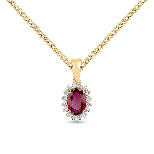 18ct Yellow Gold Oval Natural Ruby and Round Diamond Claw Set Cluster Pendant — 6x4mm