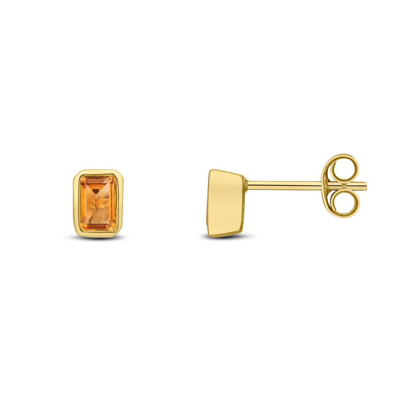 9ct Yellow Gold Octagonal Emerald Cut Natural Citrine Rubover Stud Earrings — 5x3mm