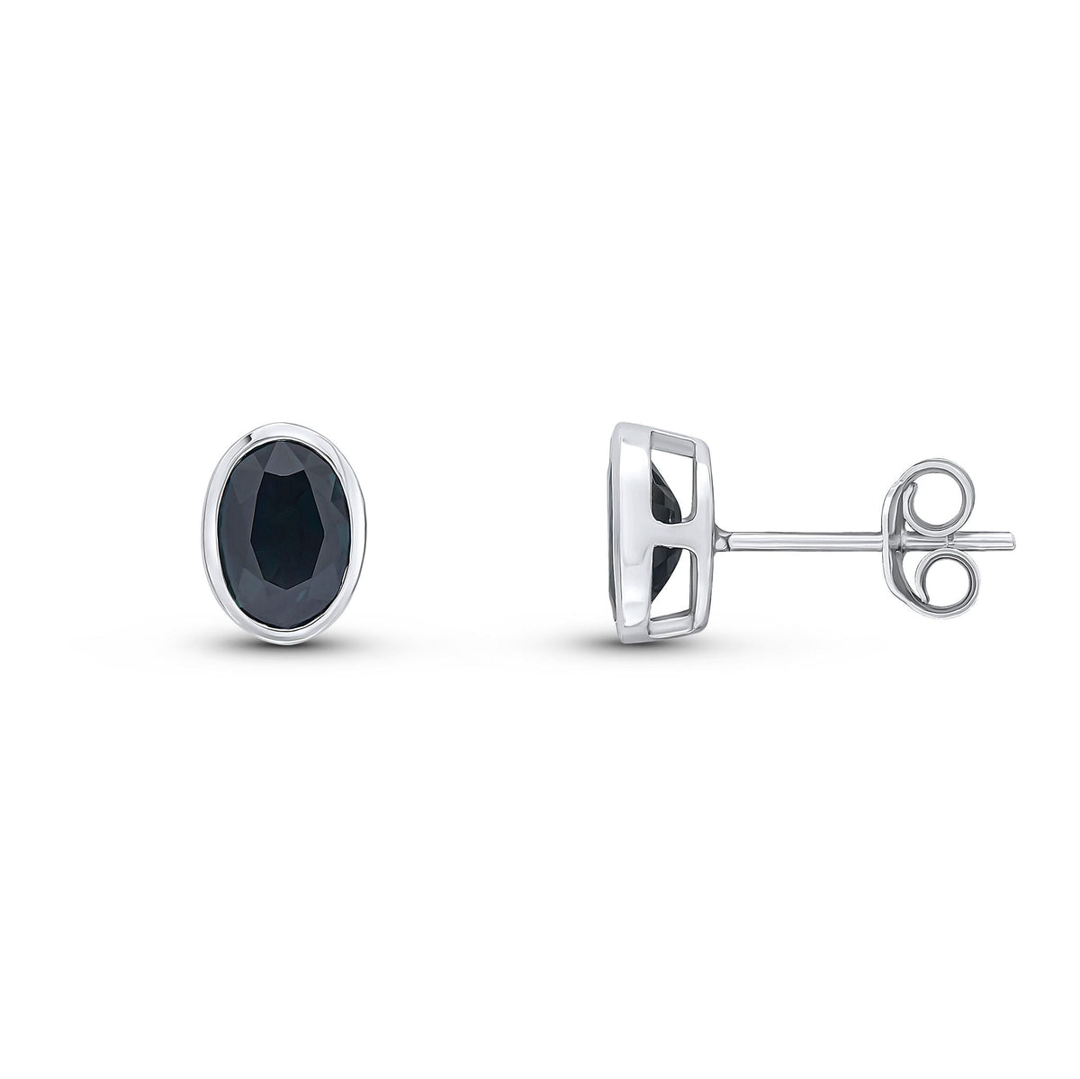 9ct White Gold Oval Natural Sapphire Rubover Stud Earrings — 7x5mm