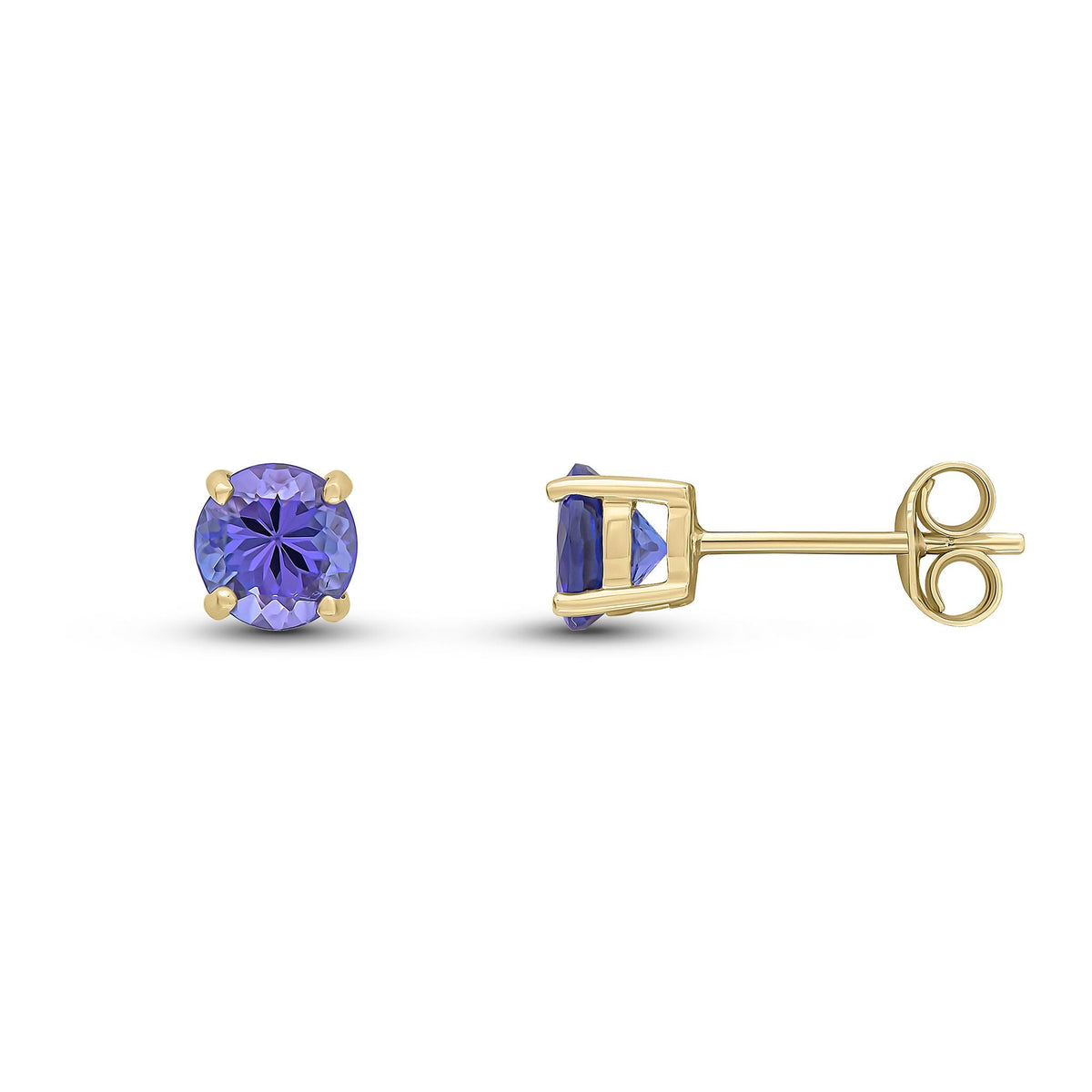 9ct Yellow Gold Round Natural Tanzanite Claw Stud Earrings — 5mm