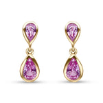 9ct Yellow Gold Pear Shaped Natural Pink Sapphire Two Stone Rubover Drop Earrings