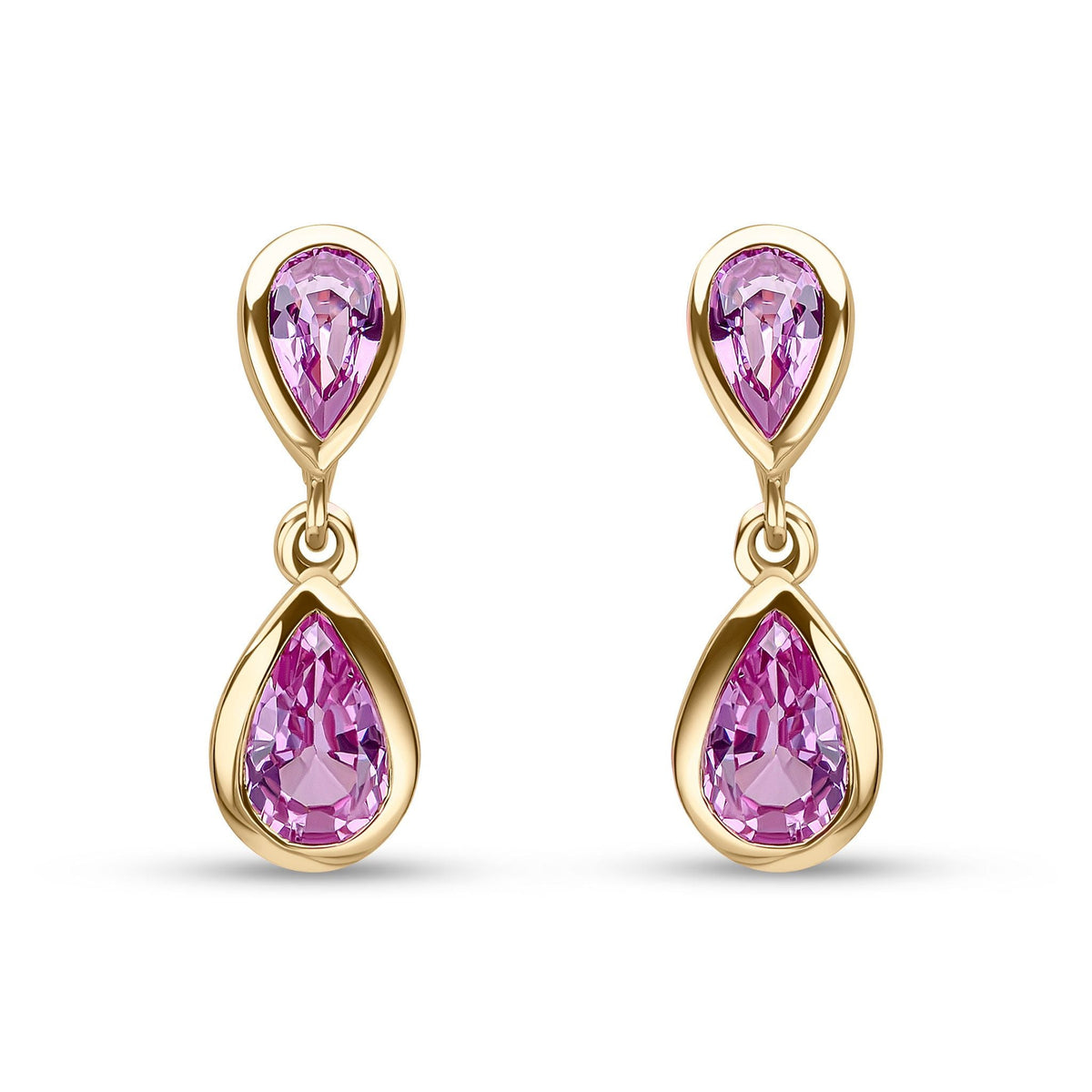 9ct Yellow Gold Pear Shaped Natural Pink Sapphire Two Stone Rubover Drop Earrings