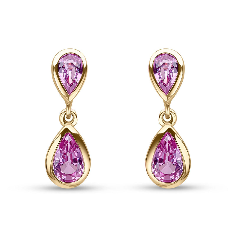 9ct Yellow Gold Pear Shaped Natural Pink Sapphire Two Stone Rubover Drop Earrings