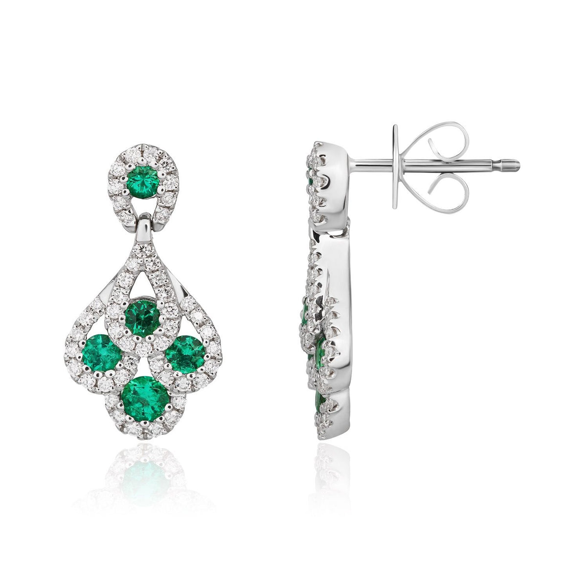 18ct White Gold Natural Emerald and Diamond Peacock Drop Earrings