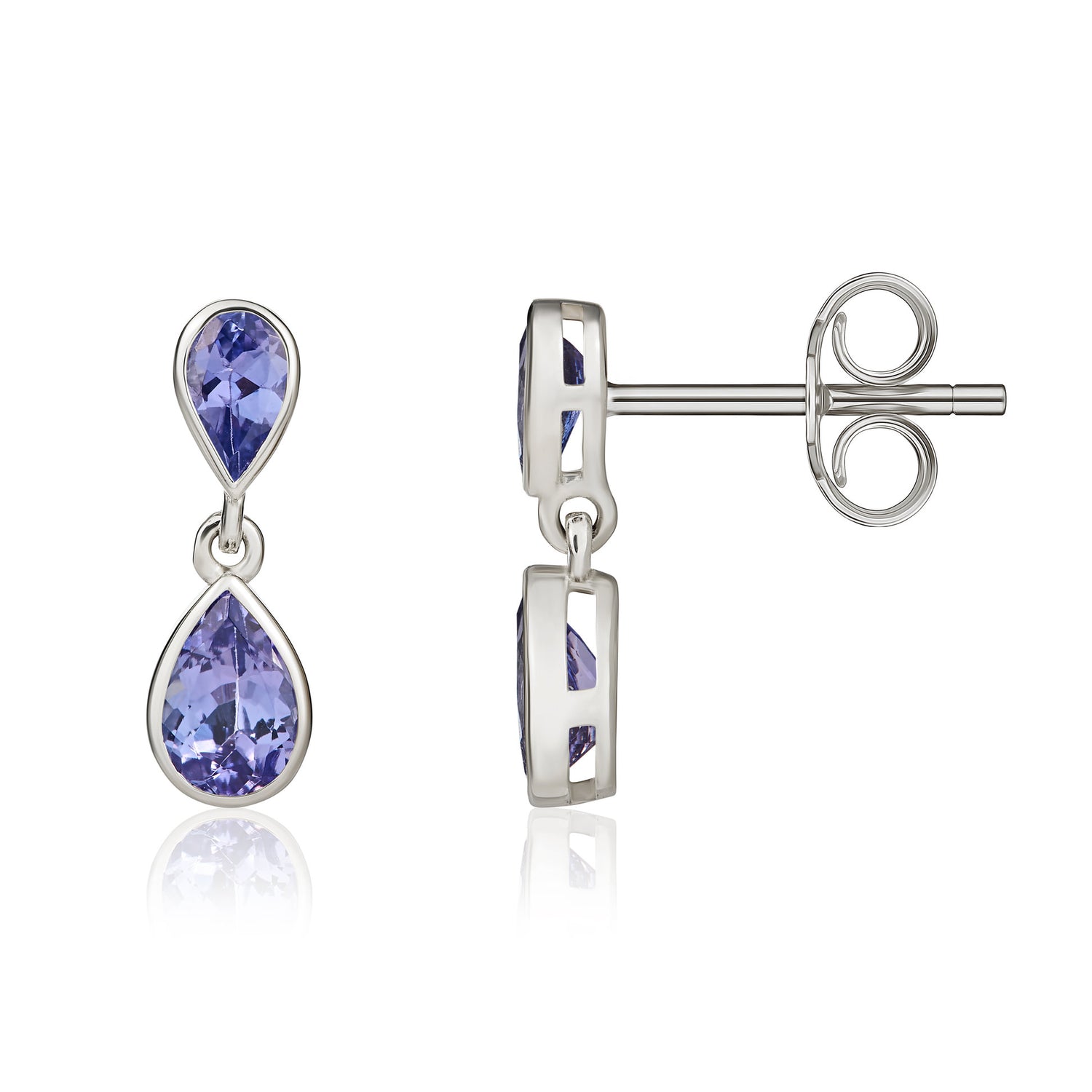 9ct White Gold Pear Shaped Natural Tanzanite Two Stone Rubover Drop Earrings