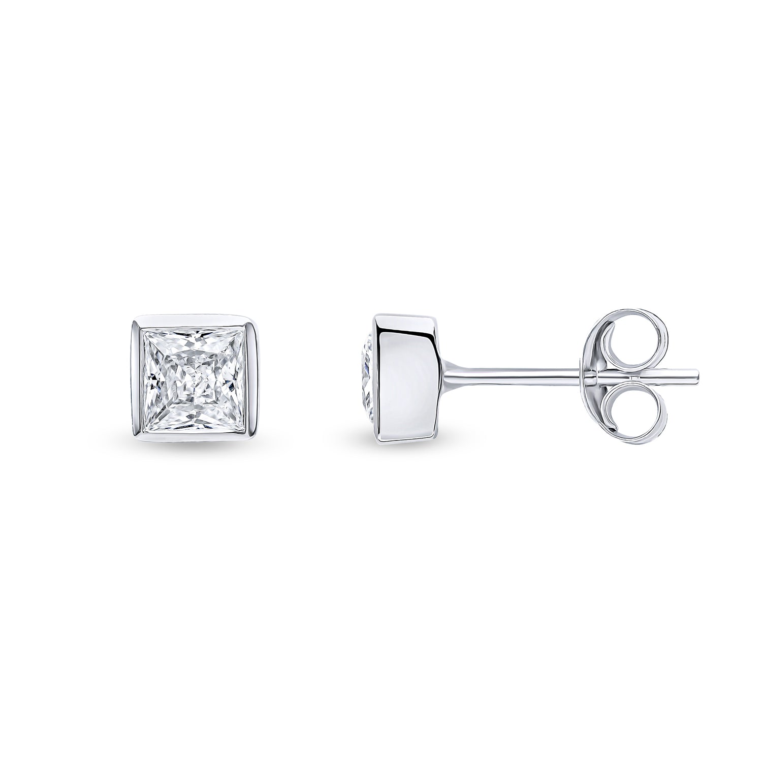 9ct White Gold Square Cubic Zirconia CZ Rubover Stud Earrings — 4mm