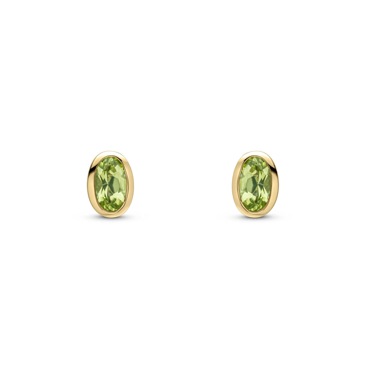 9ct Yellow Gold Oval Natural Peridot Rubover Stud Earrings — 5x3mm
