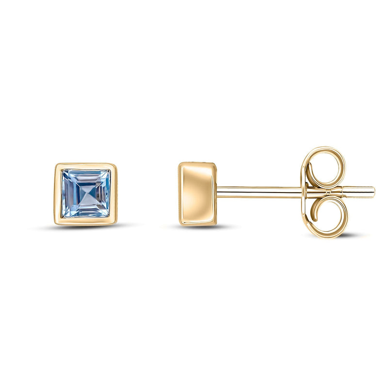 9ct Yellow Gold Square Natural Aquamarine Rubover Stud Earrings — 3mm