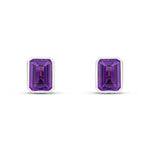 9ct White Gold Octagonal Emerald Cut Natural Amethyst Rubover Stud Earrings — 7x5mm