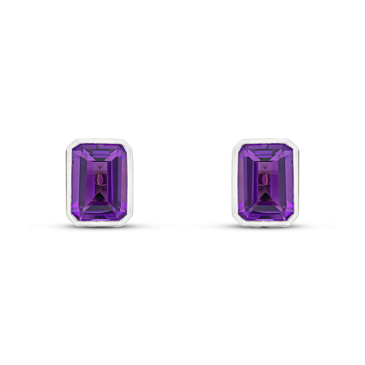 9ct White Gold Octagonal Emerald Cut Natural Amethyst Rubover Stud Earrings — 7x5mm