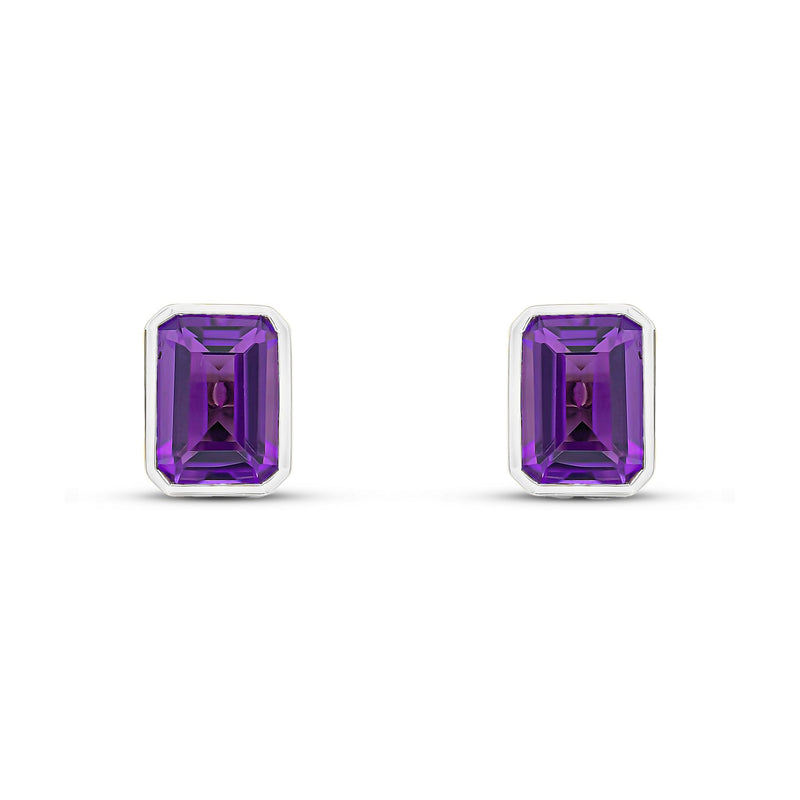 9ct White Gold Octagonal Emerald Cut Natural Amethyst Rubover Stud Earrings — 7x5mm