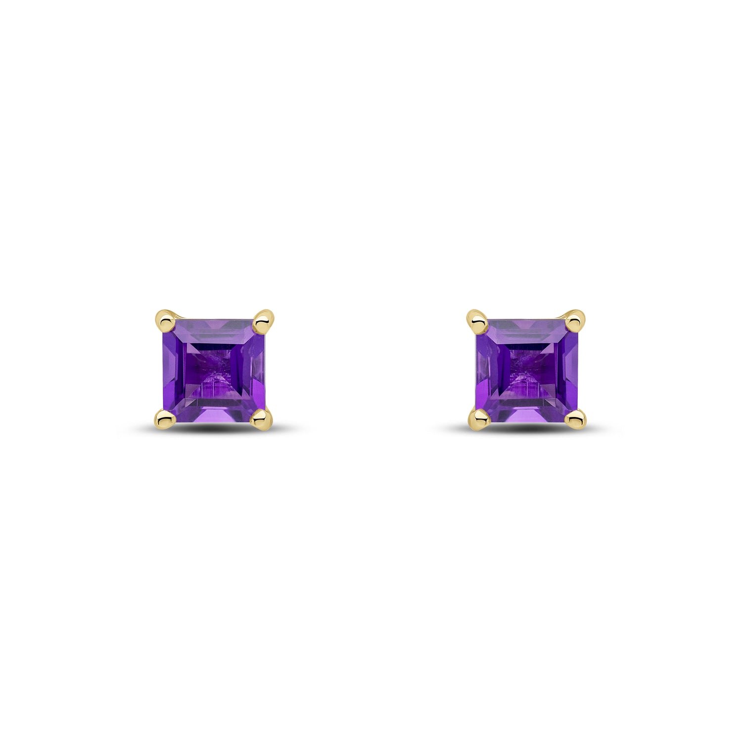 9ct Yellow Gold Square Natural Amethyst Claw Stud Earrings — 5mm