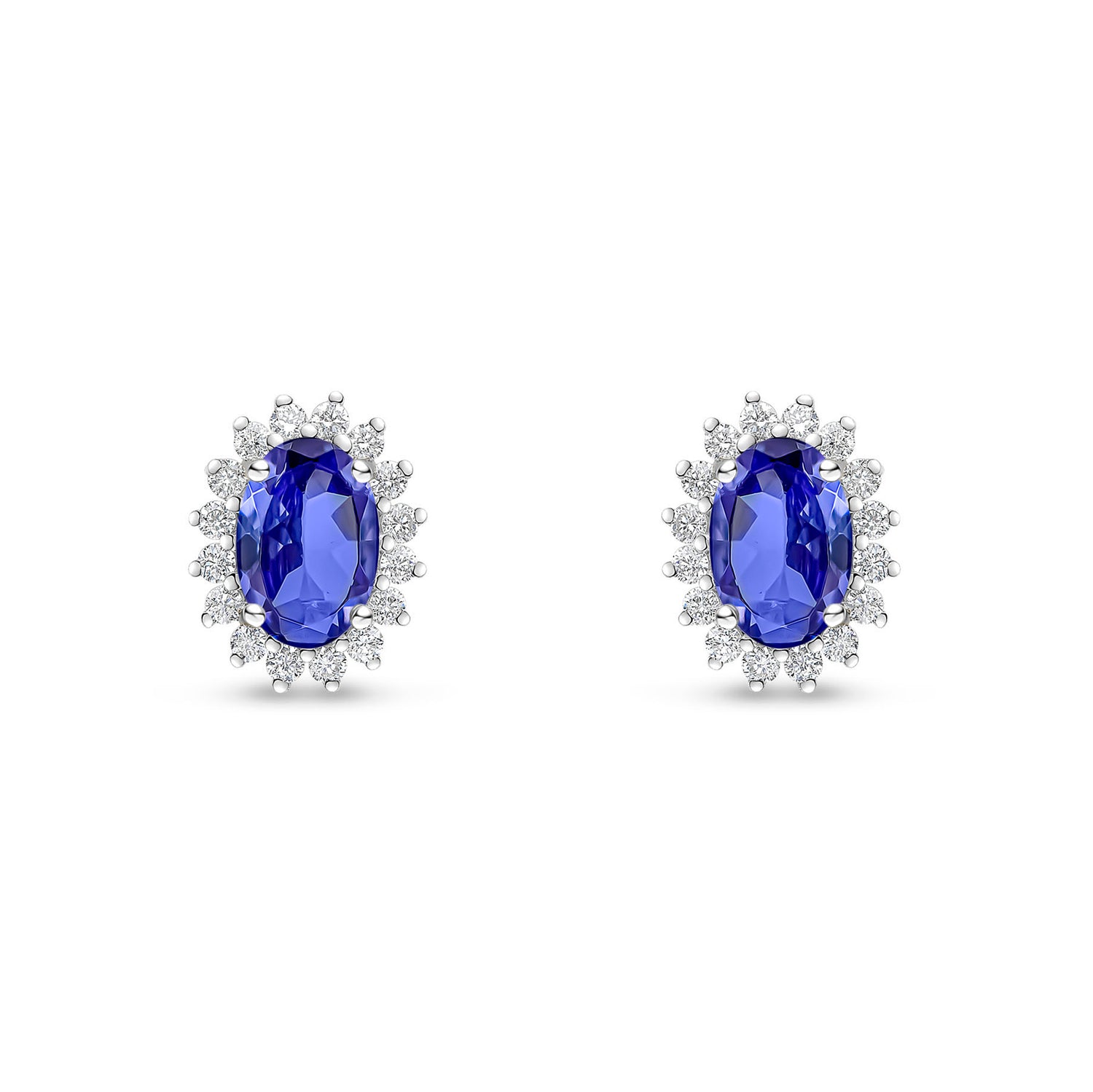 18ct White Gold Oval Natural Tanzanite and Round Diamond Claw Set Cluster Stud Earrings — 6x4mm