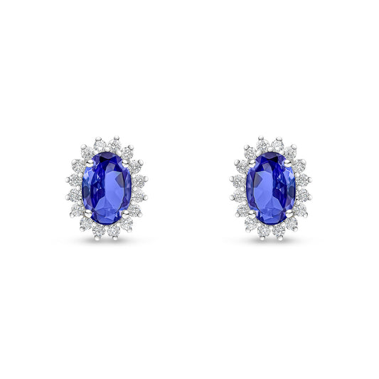 18ct White Gold Oval Natural Tanzanite and Round Diamond Claw Set Cluster Stud Earrings — 6x4mm