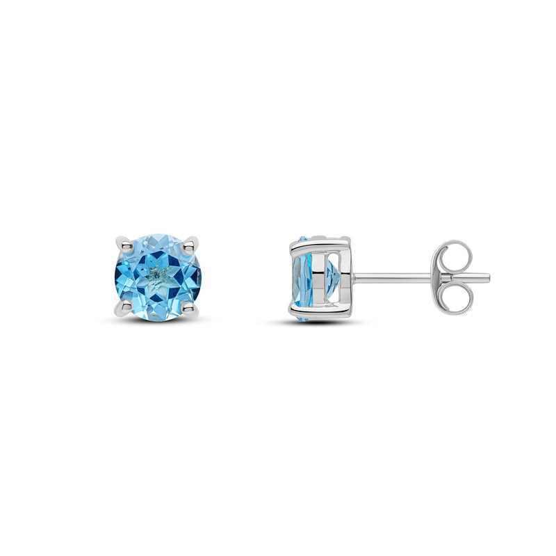 9ct White Gold Round Natural Swiss Blue Topaz Claw Set Stud Earrings — 6mm