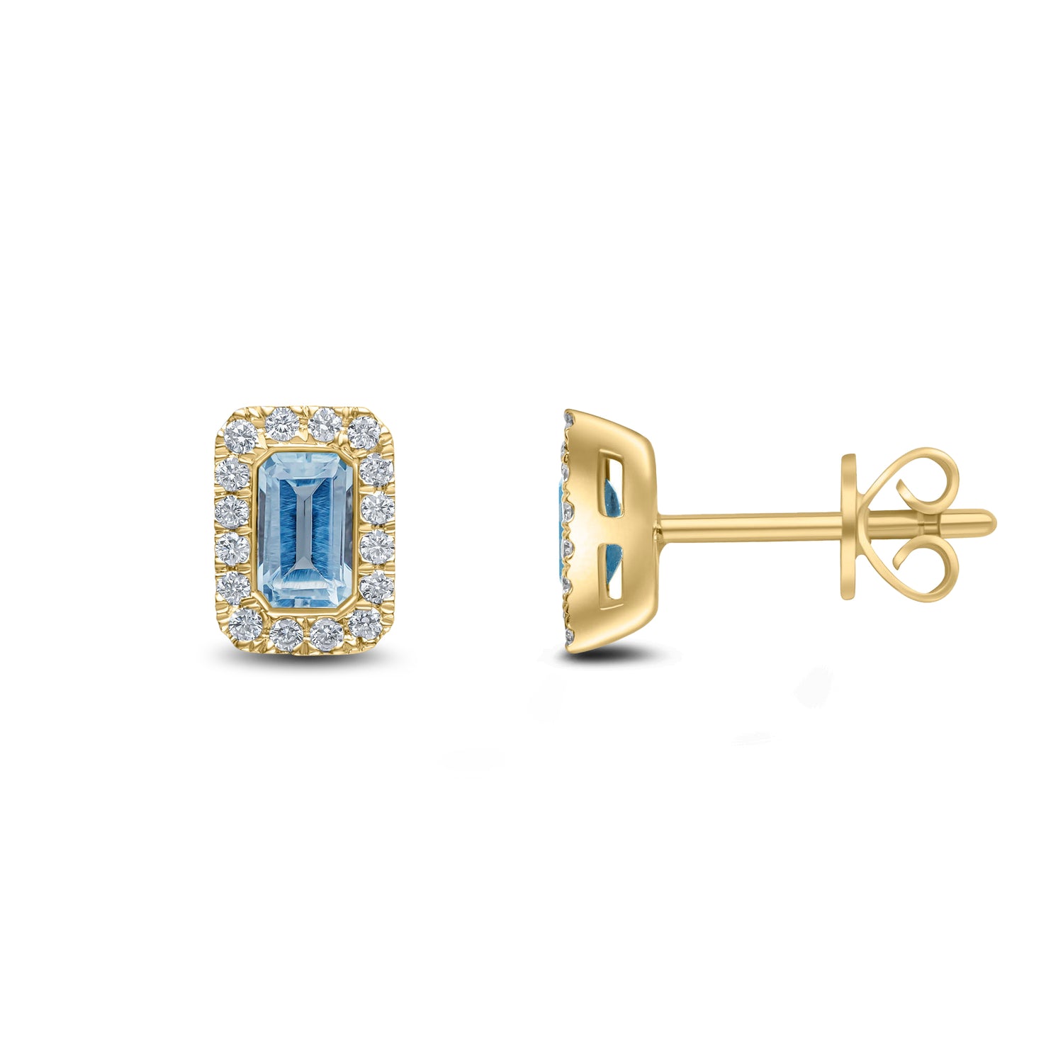 18ct Yellow Gold Octagonal Emerald Cut Natural Aquamarine and Diamond Cluster Earrings — 5x3mm