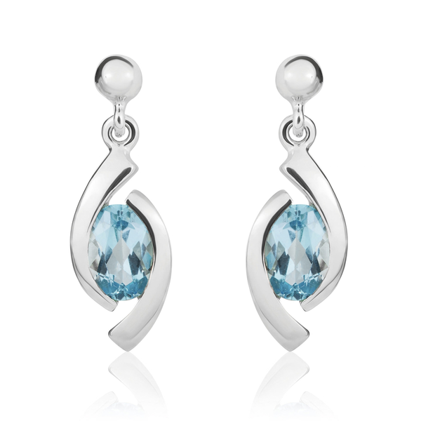 9ct White Gold Oval Natural Swiss Blue Topaz 'Eye' Drop Earrings — 6x4mm