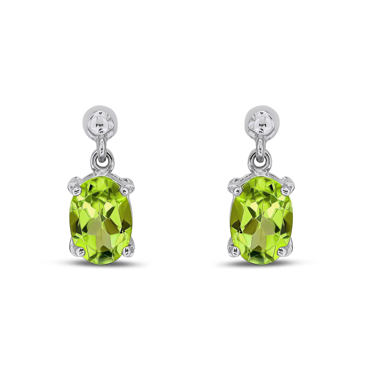 9ct White Gold Oval Natural Peridot Claw Drop Earrings — 7x5mm
