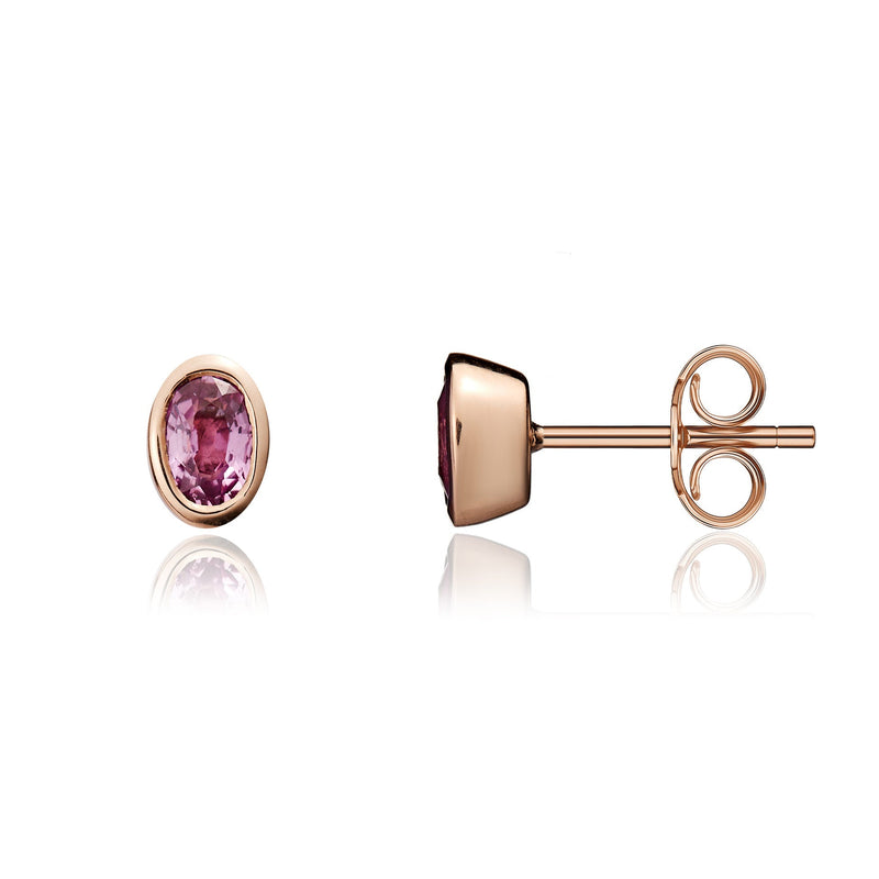 9ct Rose Gold Oval Natural Pink Sapphire Rubover Stud Earrings — 5x3mm