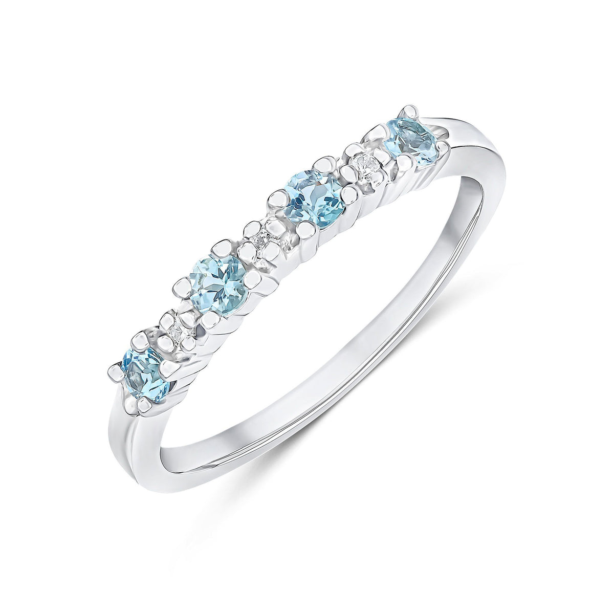 9ct White Gold Round Natural Aquamarine and Diamond 7 Stone Claw Ring