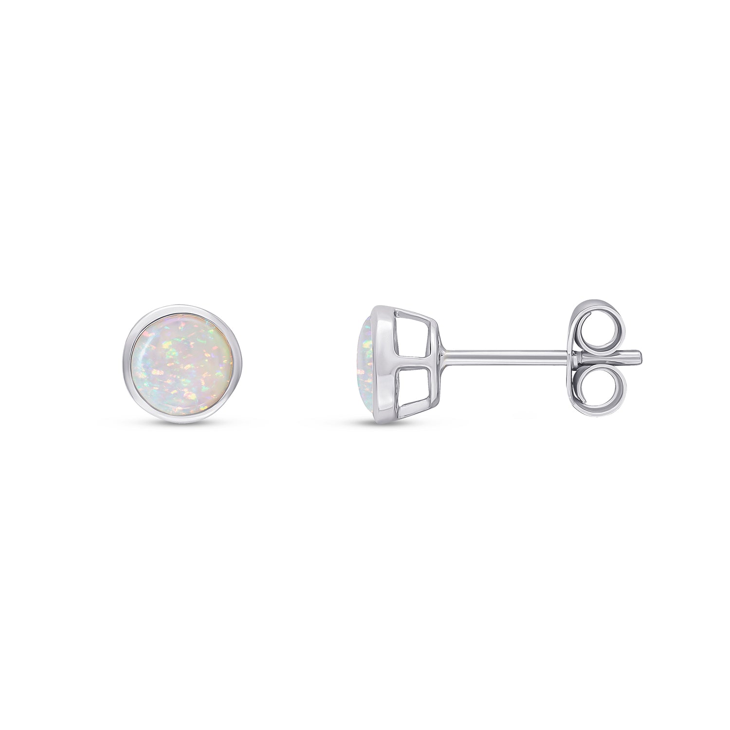 9ct White Gold Round Natural Opal Rubover Stud Earrings — 5mm