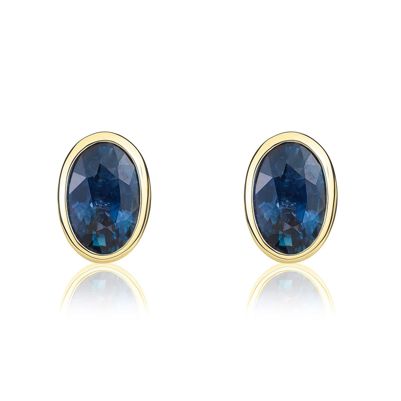 9ct Yellow Gold Oval Natural Sapphire Rubover Stud Earrings — 6x4mm
