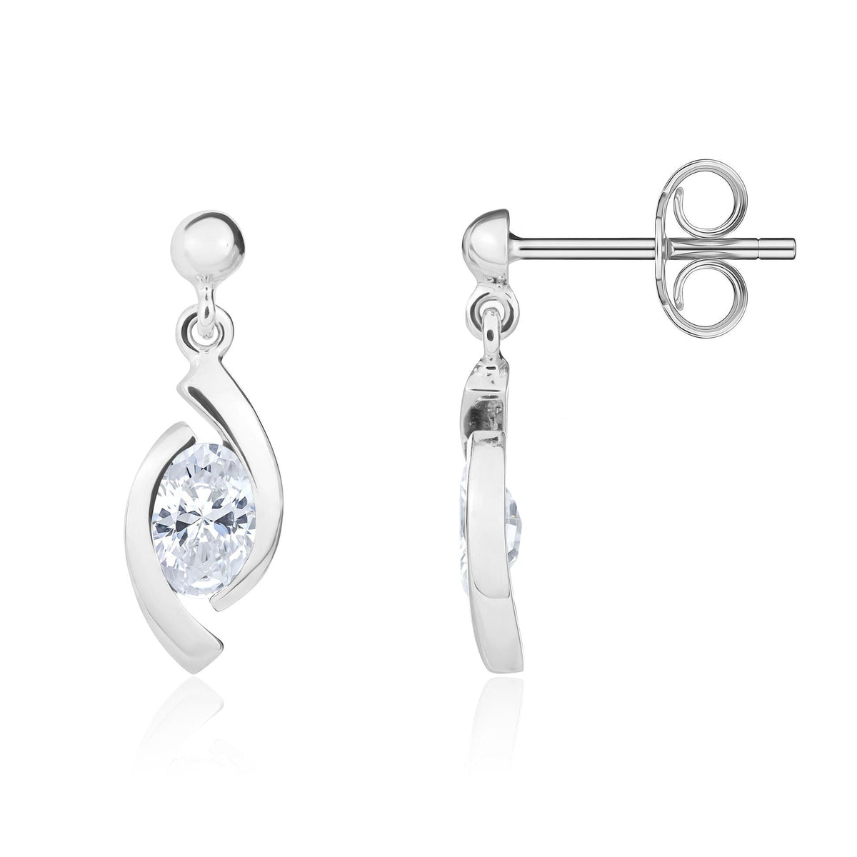 9ct White Gold Oval Cubic Zirconia CZ 'Eye' Drop Earrings — 6x4mm