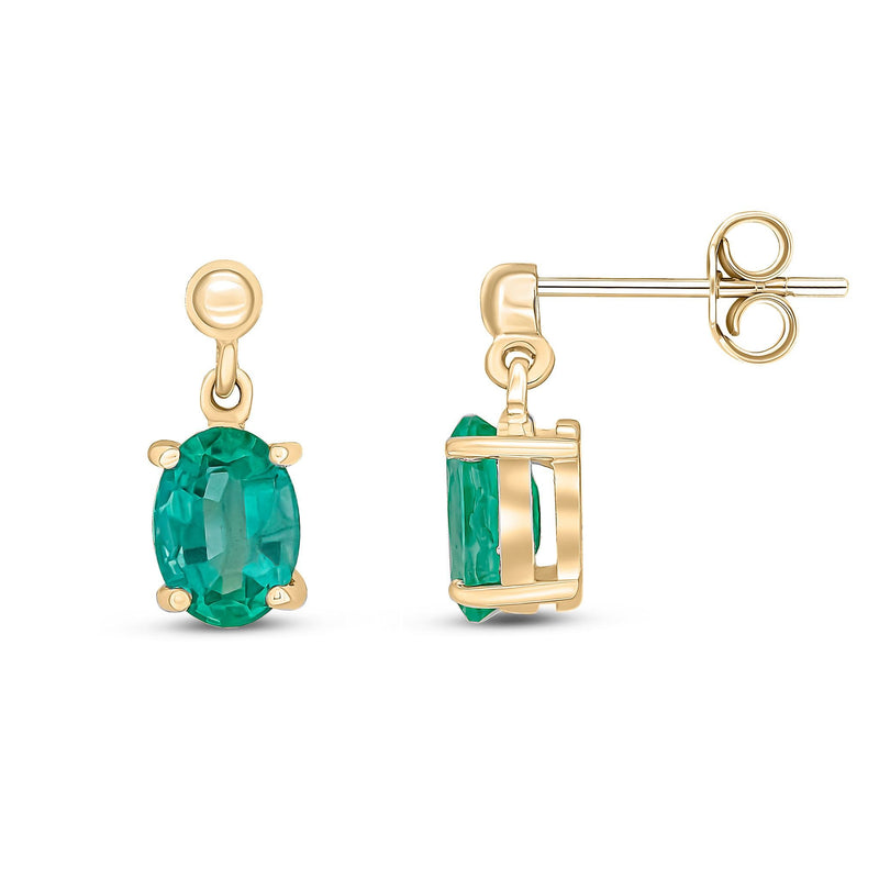 9ct Yellow Gold Oval Natural Emerald Claw Drop Earrings — 7x5mm