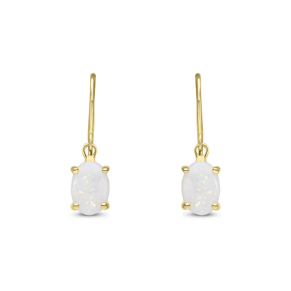 9ct Yellow Gold Oval Natural Opal Claw Hook Wire Drop Earrings — 7x5mm