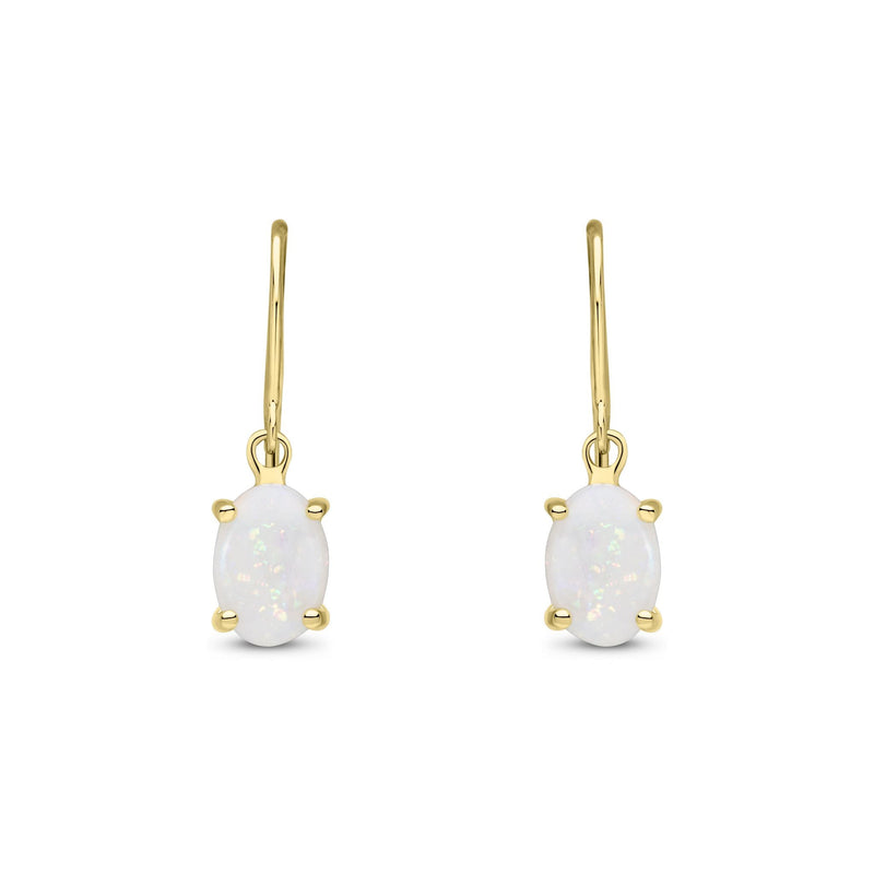 9ct Yellow Gold Oval Natural Opal Claw Hook Wire Drop Earrings — 7x5mm
