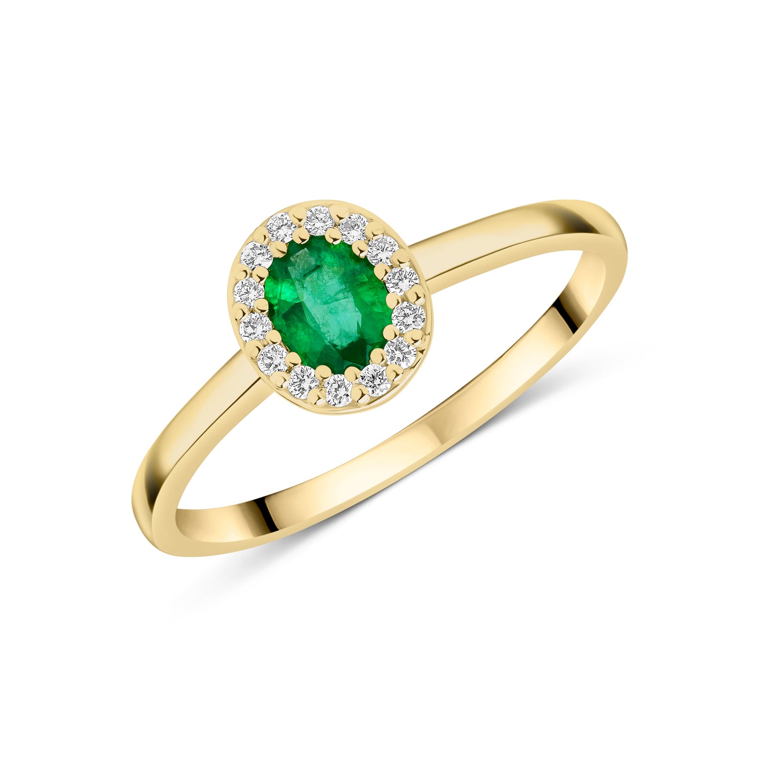 18ct Yellow Gold Oval Emerald and Diamond Microset Cluster Ring — 5x4mm