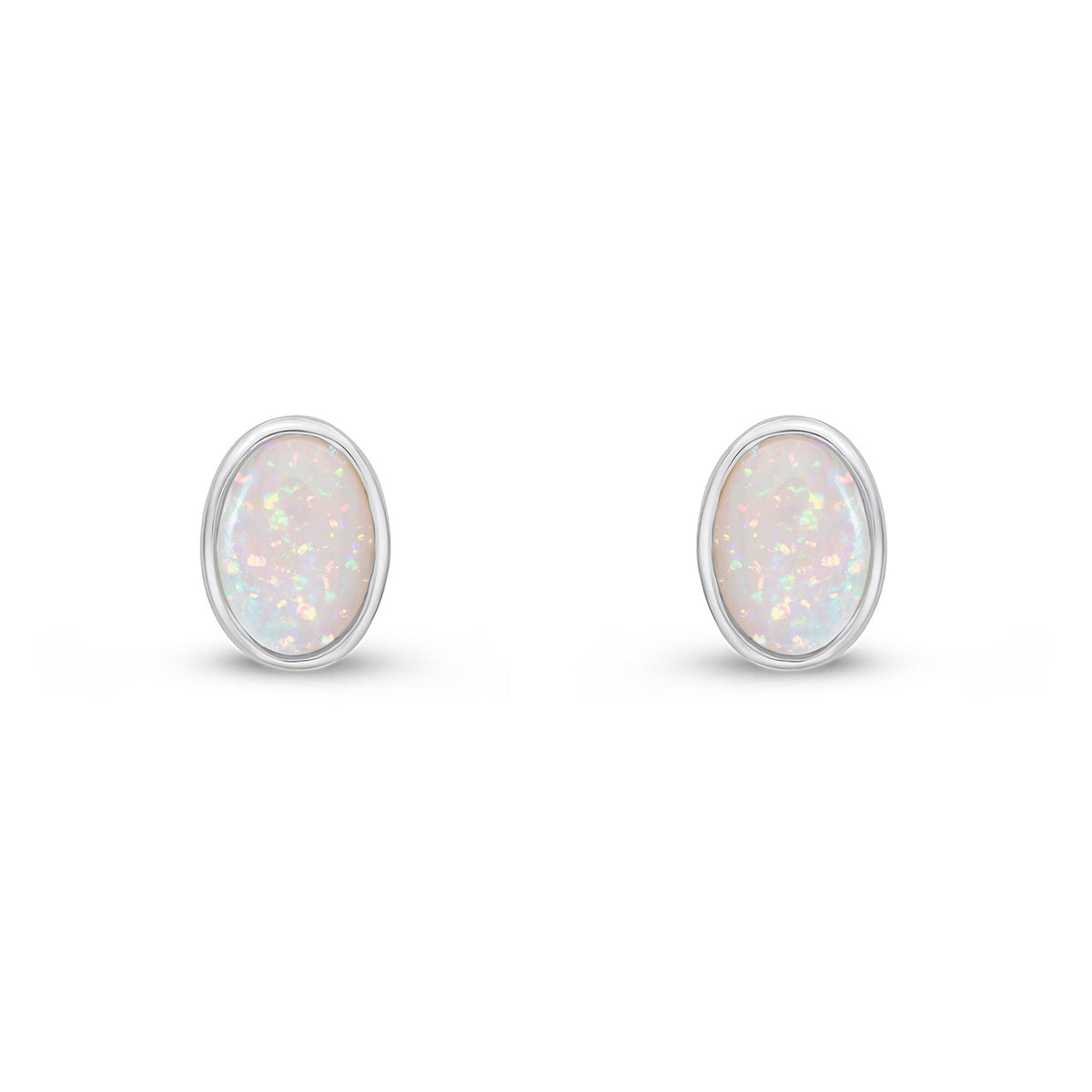 9ct White Gold Oval Natural Opal Rubover Stud Earrings — 7x5mm