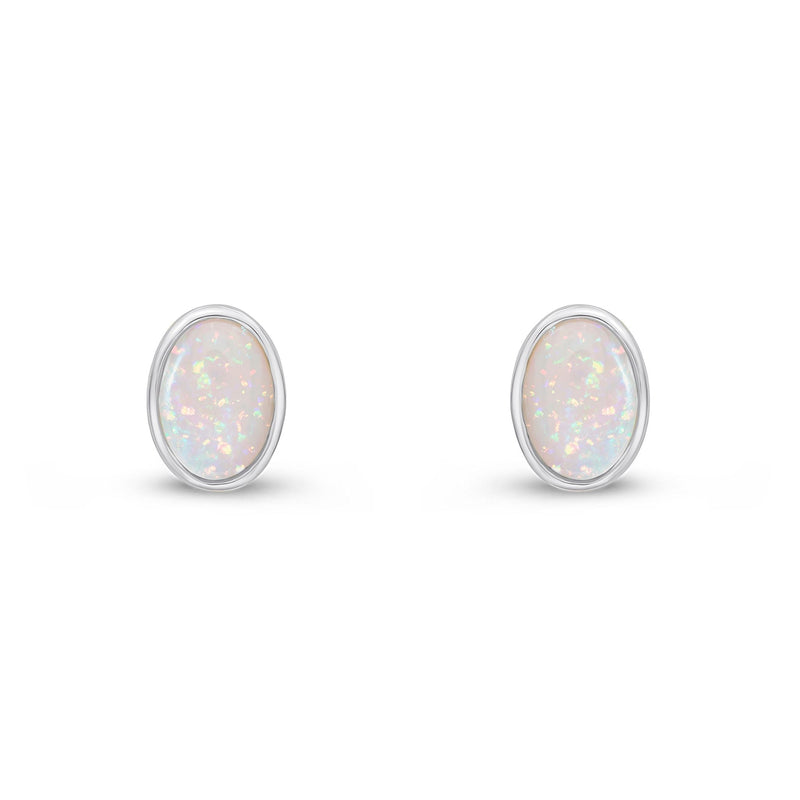 9ct White Gold Oval Natural Opal Rubover Stud Earrings — 7x5mm