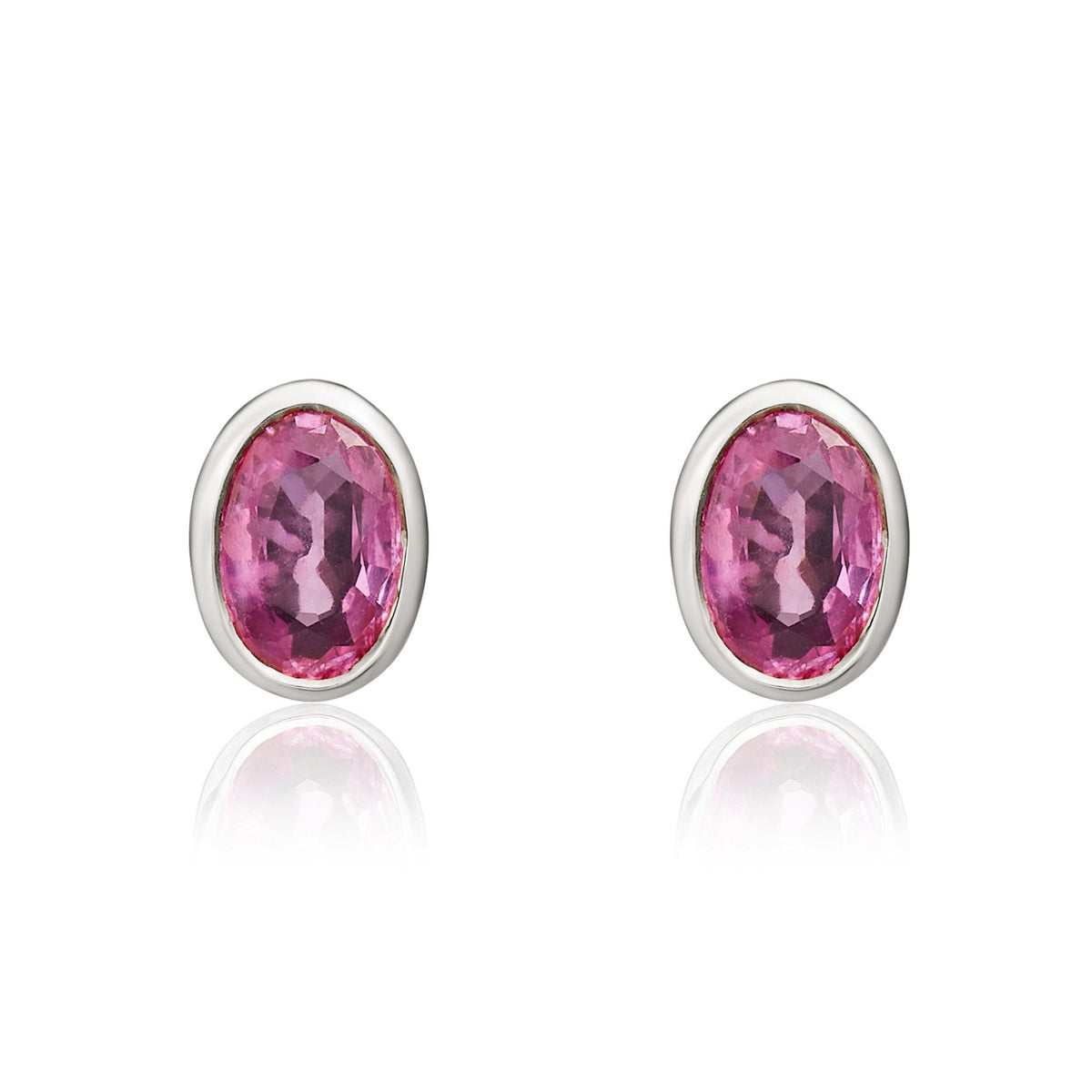 9ct White Gold Oval Natural Pink Sapphire Rubover Stud Earrings — 6x4mm