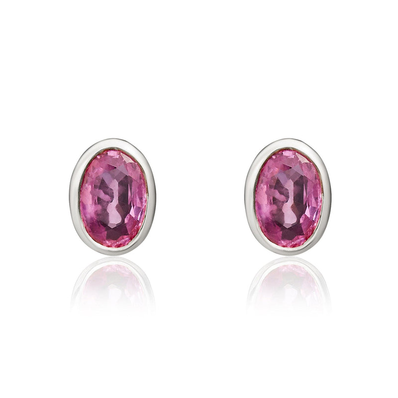 9ct White Gold Oval Natural Pink Sapphire Rubover Stud Earrings — 6x4mm