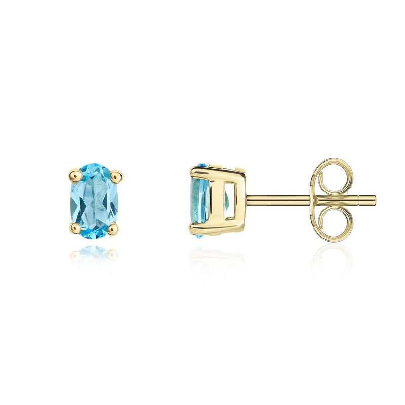 9ct Yellow Gold Oval Natural Swiss Blue Topaz Claw Set Stud Earrings — 6x4mm