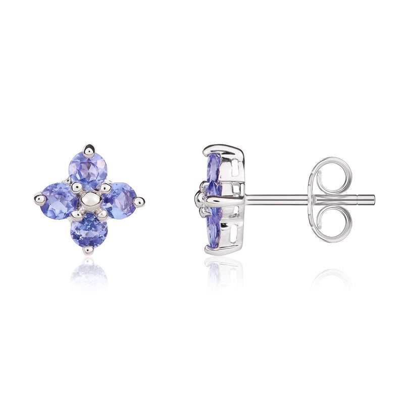9ct White Gold Round Natural Tanzanite Four Stone Cluster Stud Earrings