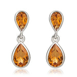 9ct White Gold Pear Shaped Natural Citrine Two Stone Rubover Drop Earrings