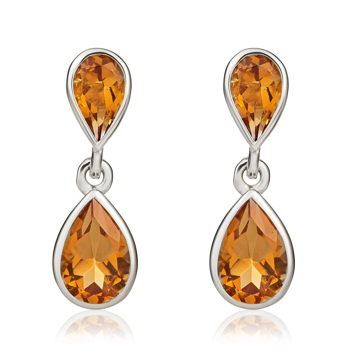 9ct White Gold Pear Shaped Natural Citrine Two Stone Rubover Drop Earrings