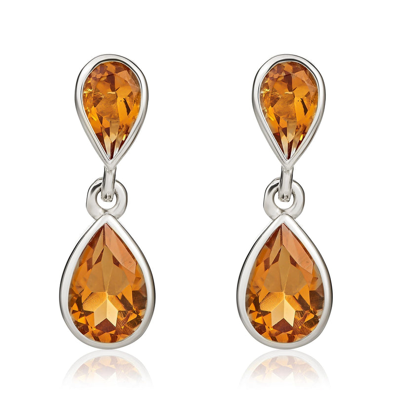 9ct White Gold Pear Shaped Natural Citrine Two Stone Rubover Drop Earrings