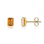 9ct Yellow Gold Octagonal Emerald Cut Natural Citrine Rubover Stud Earrings — 7x5mm